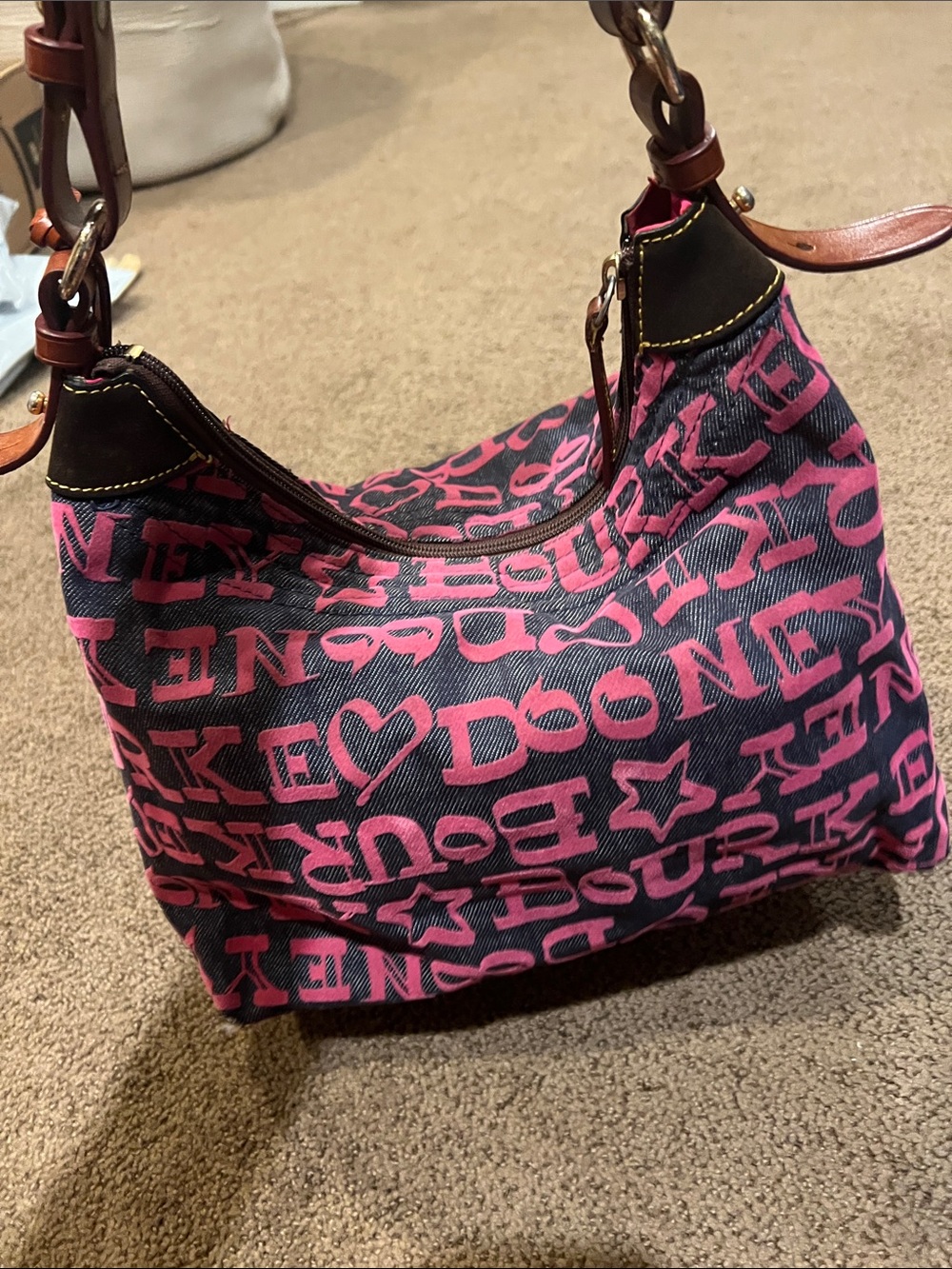 Dooney & Bourke Logo Hobo Bag Pink Navy Canvas Leather Y2K Shoulder Bag